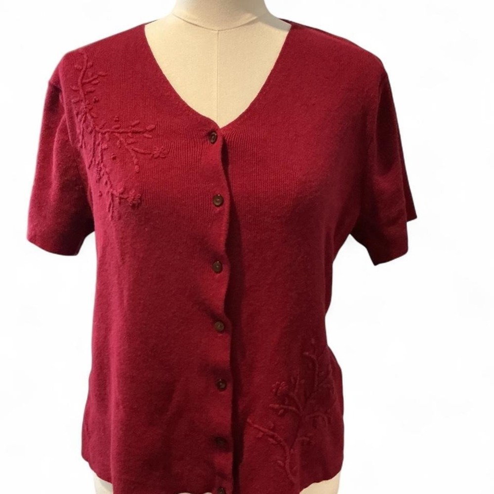 Norton McNaughton Cardigan Women Large Burgundy Ramie‎ Blend Floral Short Sleeve
